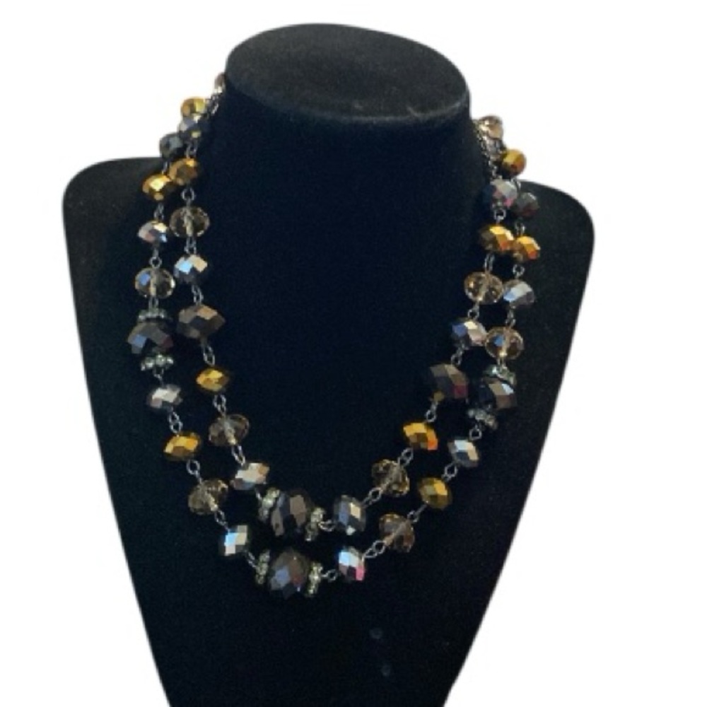Trifari Crystal Black Faceted Rondelle Double Strand Glass Beaded Necklace